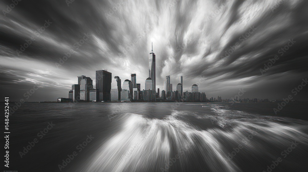 Poster grayscale long exposure image of a skyline with dynamic cloud movement above water