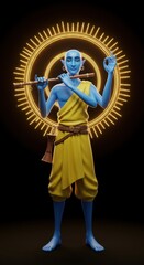 3D Render of a Blue-Skinned Flute Player in Golden Halo, Mystical and Spiritual Figure, Artistic Digital Artwork