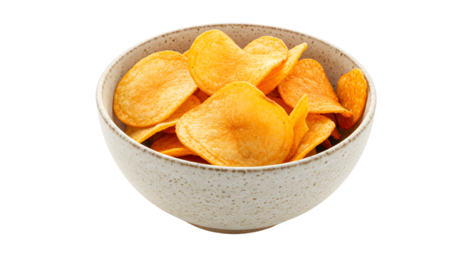 A close-up view of a bowl filled with crispy potato chips, placed on a clean surface, ideal for snack time or gatherings