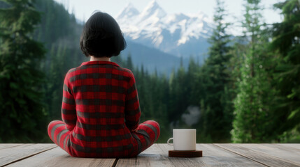 Fototapeta premium A person in plaid pajamas sits on a wooden deck with a cup, gazing at a forest and snow-capped mountains.