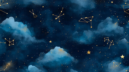 Naklejka premium pattern of a dark sky with gold foil constellations, stars and clouds.ai 