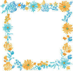 水彩画。水彩タッチの草木と花のベクターフレーム。青と黄色の夏カラー花フレーム。Watercolor painting. Vector frame of plants, trees and flowers with watercolor touch. Blue and yellow summer color flower frame.