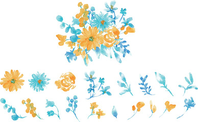 水彩画。水彩タッチの草木と花のベクターフレーム。青と黄色の夏カラー花フレーム。Watercolor painting. Vector frame of plants, trees and flowers with watercolor touch. Blue and yellow summer color flower frame.