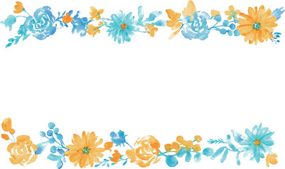 水彩画。水彩タッチの草木と花のベクターフレーム。青と黄色の夏カラー花フレーム。Watercolor painting. Vector frame of plants, trees and flowers with watercolor touch. Blue and yellow summer color flower frame.