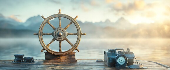 Wooden ship's wheel on dock with lake, mountains, and a vintage camera. Peaceful sunrise