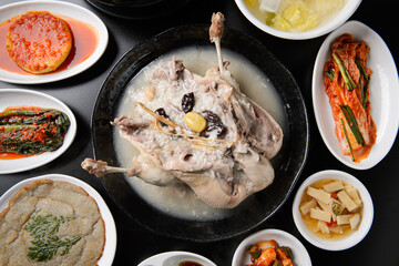 Korean style boiled chicken and side dishes

