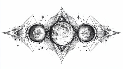 moon black and white ink geomatical tattoo on white background.ai 