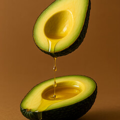 A half avocado with a drizzle of oil on top. Concept of freshness and healthiness, as avocados are known for their nutritious properties. The oil adds a glossy finish to the avocado
