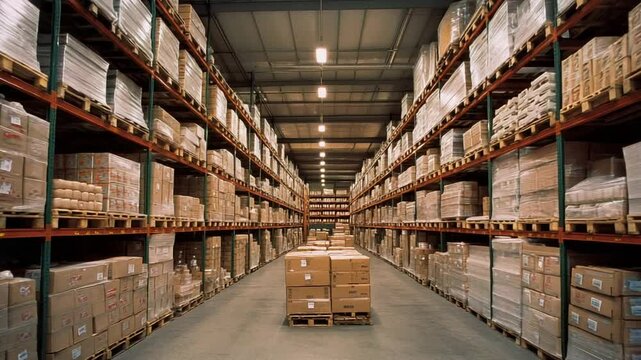 A spacious warehouse filled with stacked pallets of goods, showcasing organized inventory management