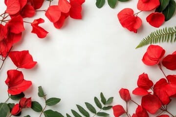 Decorative floral frame of vibrant red blossoms and greenery on a white background.