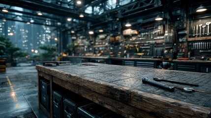 Naklejka premium Industrial Workshop Tools Workbench Garage Interior