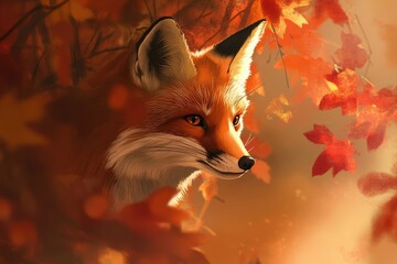 A red fox peeks from behind autumn leaves, bathed in warm sunlight, a picturesque scene of fall.