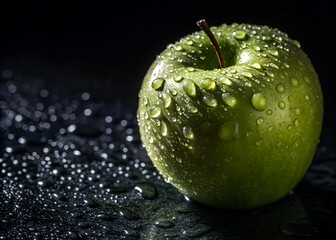 A green apple with water droplets on it. The apple is sitting on a dark surface. The water droplets on the apple give it a fresh and healthy appearance
