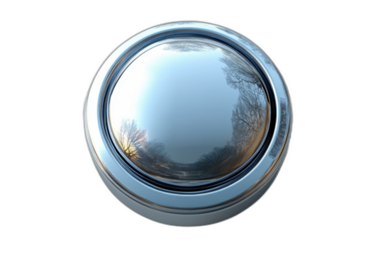 Metal knob with tree reflection, circular design, silver finish, realistic details, isolated on transparent background.