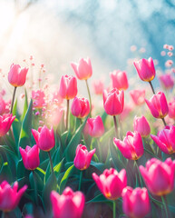 green meadow tulip flowers pink spring blooming vibrant lush garden outdoor floral sunshine colorful scenic tranquil peaceful bright natural view floral botanical wallpaper background
