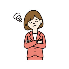 目を閉じて考える、若い女性会社員のベクターイラスト素材＿線幅の編集可能＿カラー