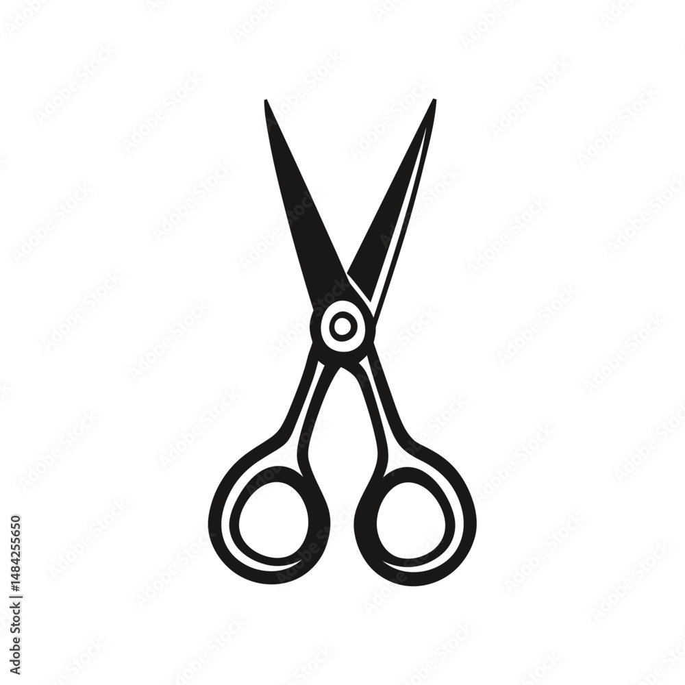 Poster black scissors with open blades are displayed against a clean white transparent background