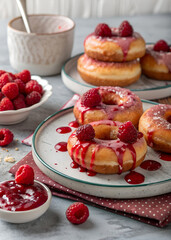 A plate of donuts with raspberry sauce and raspberries on top. The plate is on a table with a white bowl and a cup