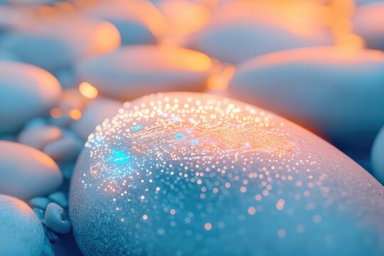 A glowing circuit board pattern is subtly embedded within a smooth, light blue stone, nestled amongst a collection of similar stones.