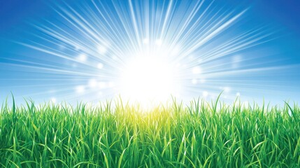 Vibrant summer scene with bright sun bursting over lush green grass, clear blue sky