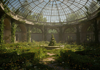 A lush garden with colorful flowers and a winding pathway.