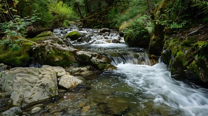 Fototapeta premium Rushing Stream Flows Through Forest Landscape Over Mossy Rocks in Daylight