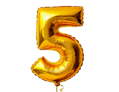 Selective focus on number 5 balloon, isolated on a transparent or white background.