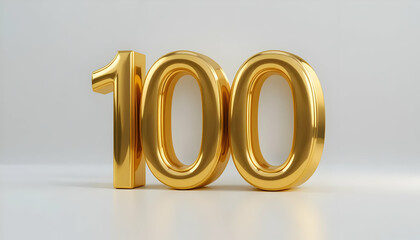3D Rendered Number of Glossy Gold Number 100 on a Light Gray Background