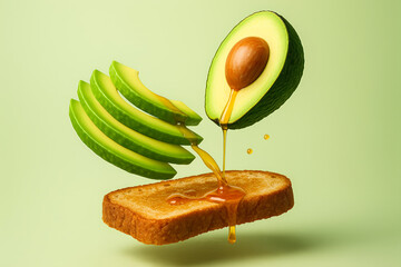 A close up of a slice of toast with a spread of honey and avocado on top