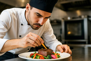 A chef is preparing a meal with a carrot and broccoli on a plate. The chef is focused on his work, and the plate looks appetizing