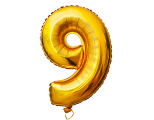 Selective focus on number 9 balloon, isolated on a transparent or white background.