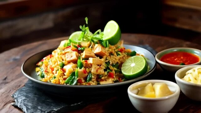 Delicious Tofu Fried Rice with Cilantro and Lime Wedges on Gray Plate Featuring Bowls of Sauce Cheese and Pineapple on Wooden Table