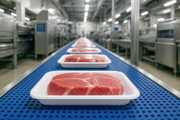 A conveyor belt with meat on it. The meat is in plastic trays