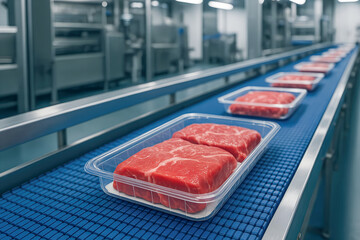 A conveyor belt with meat on it. The meat is in plastic trays