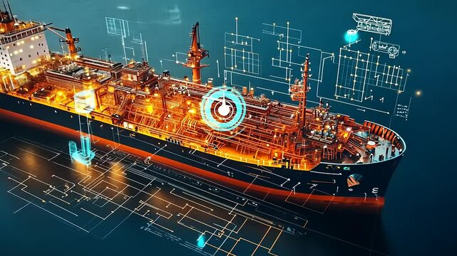 Large tanker ship with digital overlay of technical schematics