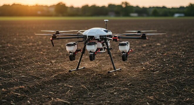 Sophisticated drone conducting precision agriculture analysis over field landscape