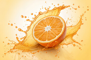 A splash of orange juice with a slice of orange in the middle. Concept of freshness and vitality