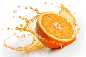 A splash of orange juice is poured over a sliced orange. The orange juice is dripping down the side of the orange, creating a beautiful and refreshing scene