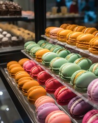Colorful Macarons Displayed in Bakery Case.