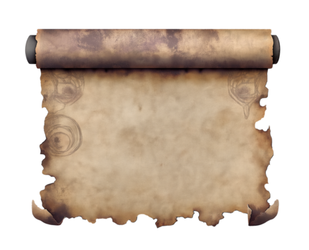 This is an image of an ancient scroll with a PNG transparent background, suitable for historical or vintage design elements.