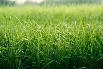 Obraz premium Close up of green grass with morning light in the rice field.