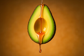A close up of a half avocado with a drizzle of honey on top