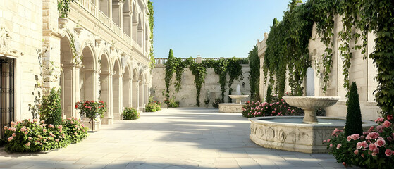 Elegant Courtyard With Fountain And Ivy Covered Walls