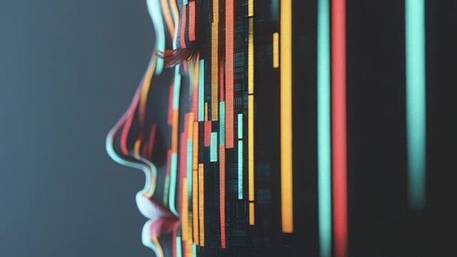 Abstract Representation of a Human Face Merged with Futuristic Data Patterns and Bright Colorful Lines