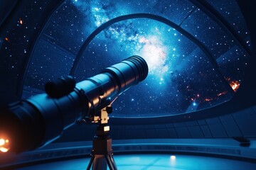 Telescope in dark science museum space