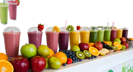 A vibrant display of colorful smoothies lined up on a counter, surrounded by fresh fruits in a bright, inviting setting
