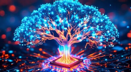 Abstract digital tree growing on a circuit board illustrating data processing and technological growth