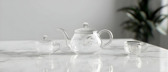 Elegant Clear Glass Teapot And Cups On Marble Table