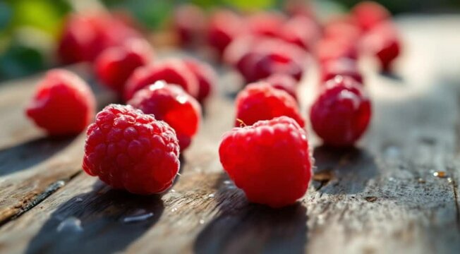 Freshly harvested raspberries with water droplets resting on a rustic wooden surface displaying natural beauty