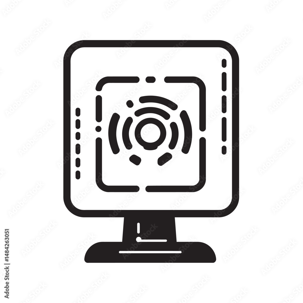 Poster black symbol depicting a square device displaying circular waves resting on a pedestal appears moder